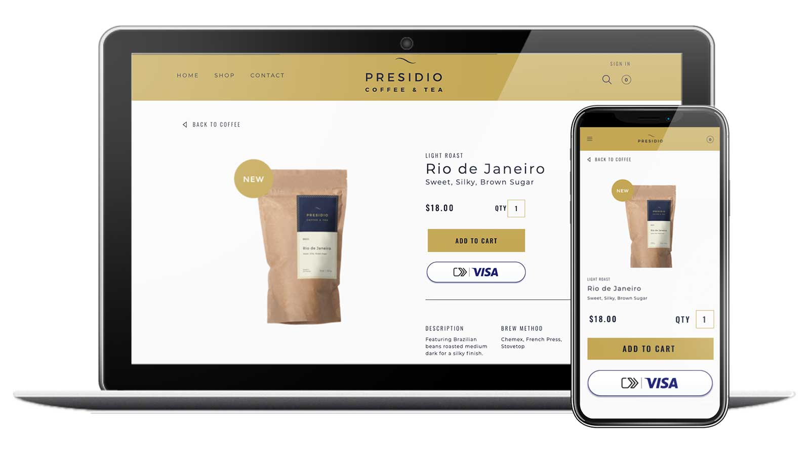The coffee shop website, optimized for mobile devices, featuring Visa Click to Pay payments for seamless transactions. 