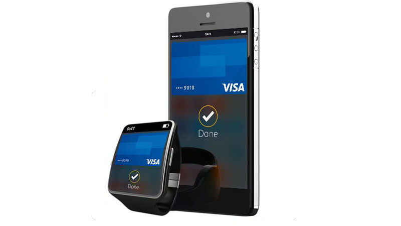 A contactless payment terminal and a mobile phone with a payment completed with Visa contactless card.